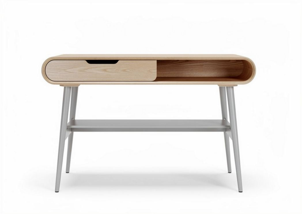 Wooden desk with drawer and open storage shelf 120 x 60 x 75cm in light oak and grey