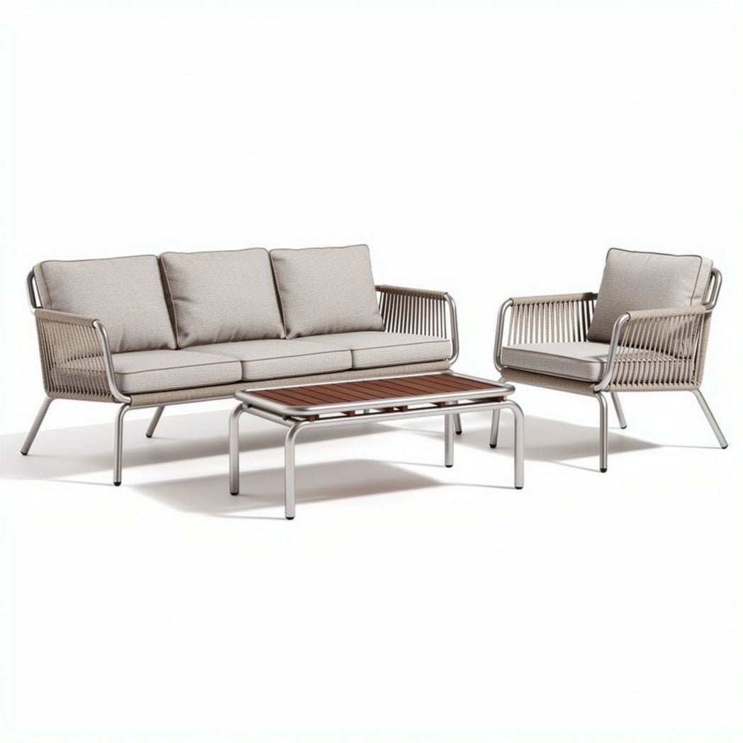 Outdoor patio sofa set with aluminum frame and beige cushions 150 x 80 x 70cm