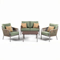 Outdoor patio furniture set with aluminum frame and cushioned seats in green and beige