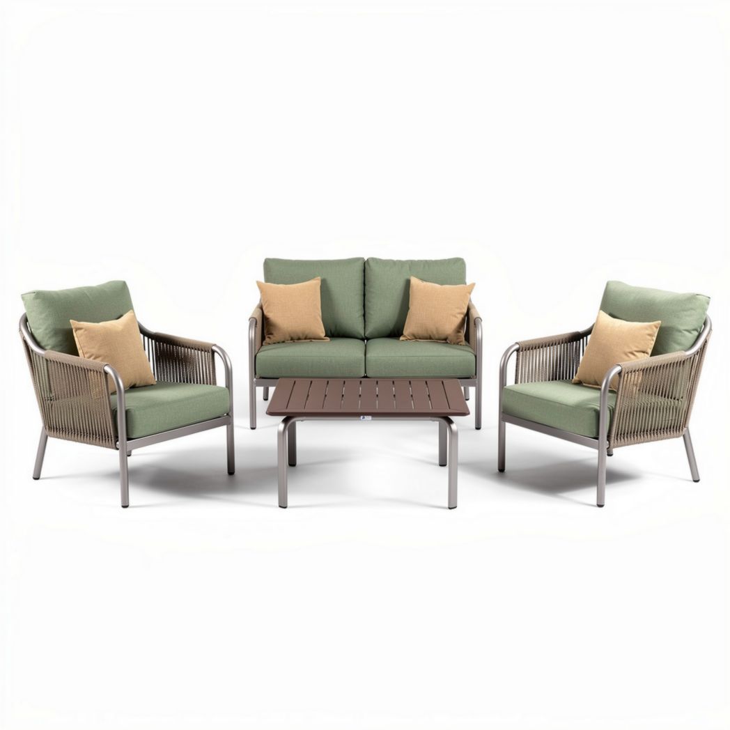 Outdoor patio furniture set with aluminum frame and cushioned seats in green and beige