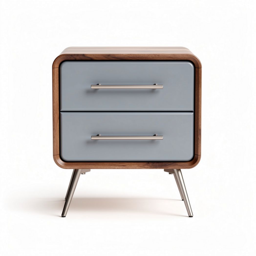 Wooden nightstand with blue drawers and stainless steel legs 50 x 40 x 50cm