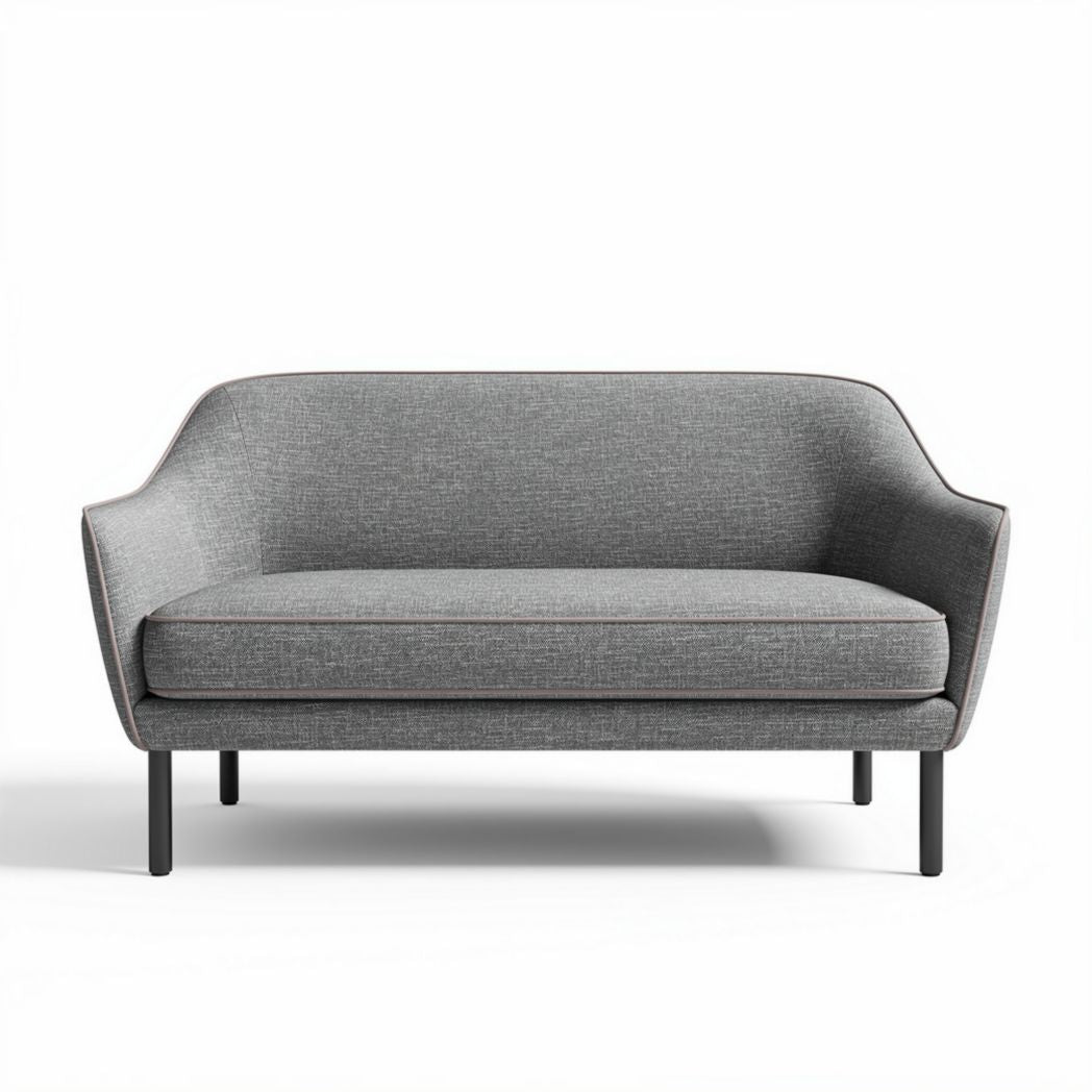 Gray fabric two-seater sofa with minimalist design and sturdy metal legs