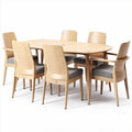 Wooden dining table set with six upholstered chairs in light oak finish