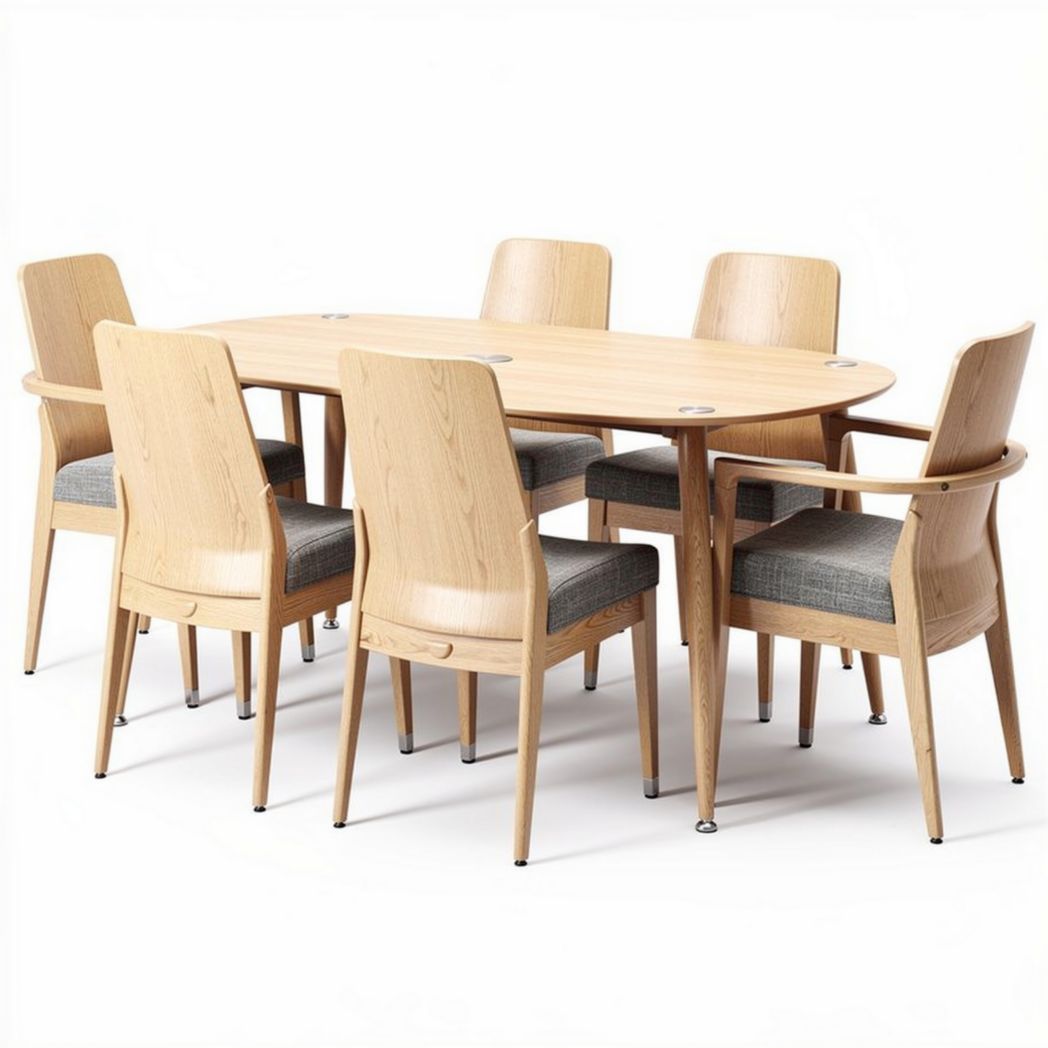 Wooden dining table set with six upholstered chairs in light oak finish