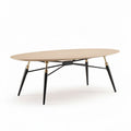 Oval coffee table with wooden top and metal legs in modern design