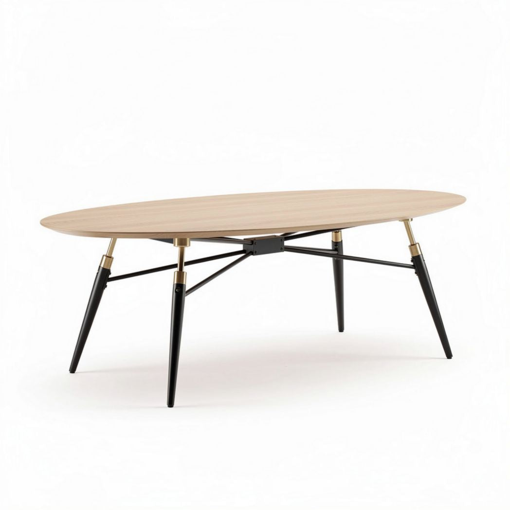 Oval coffee table with wooden top and metal legs in modern design
