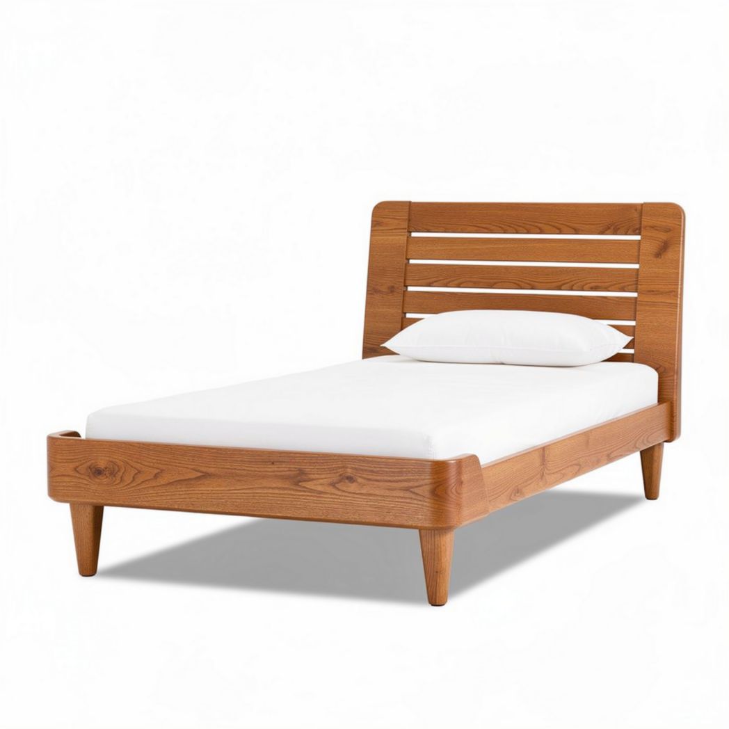 Wooden single bed frame with slatted headboard and natural finish 200 x 100 x 30cm