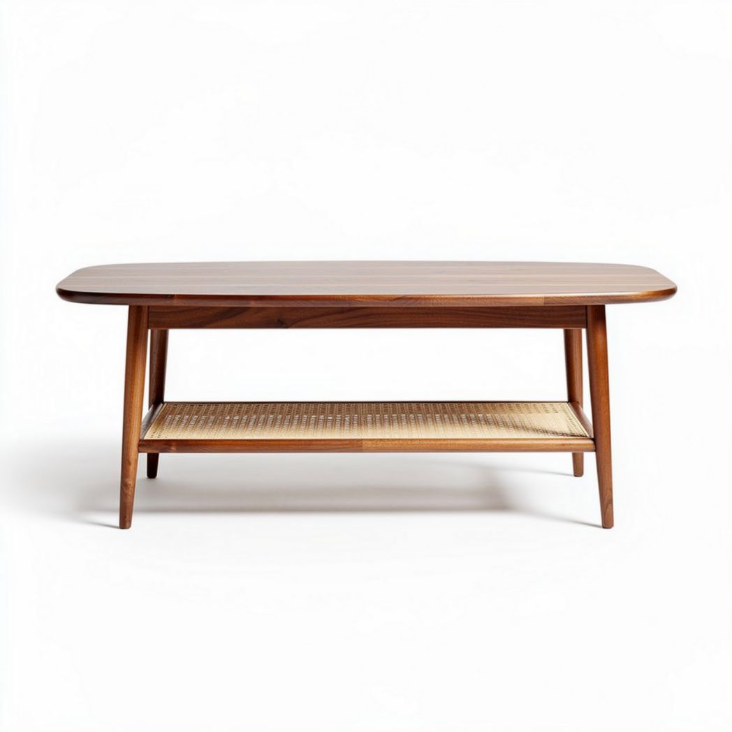 Wooden coffee table with rattan shelf and rounded edges 120 x 60 x 45cm