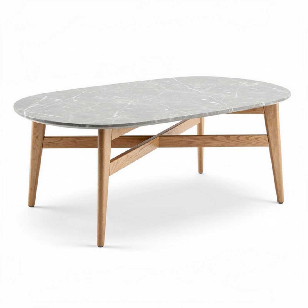 Marble top coffee table with oak legs in oval shape 120 x 70 x 40cm