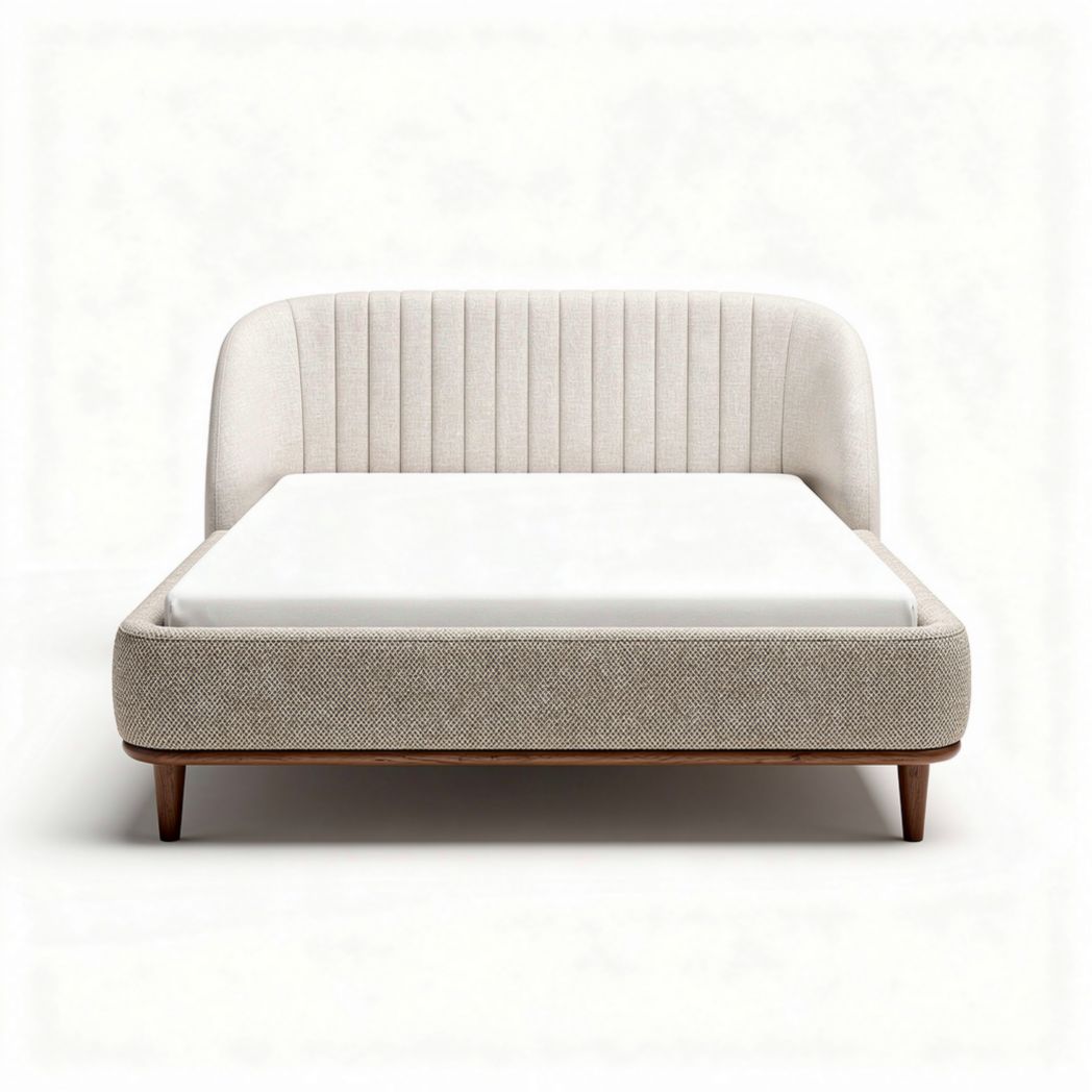 Upholstered bed frame with wooden legs in beige and gray fabric 200 x 150 x 100cm