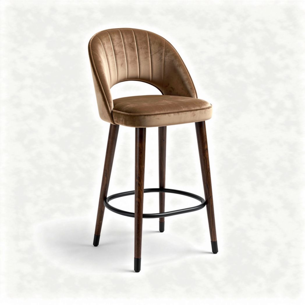 Velvet bar stool with wooden legs and curved backrest 40 x 40 x 100cm